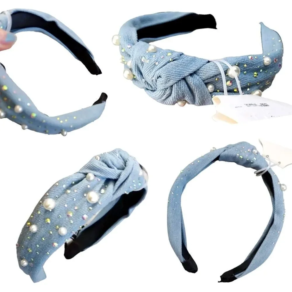 Embellished Pearl Denim Headbands Clip Hair Accessories Lot OF 3 NWT